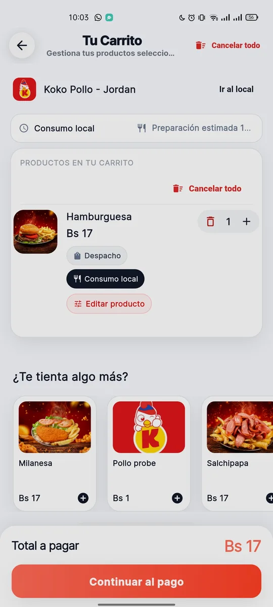 Carrito de compra de YUM con producto y total a pagar