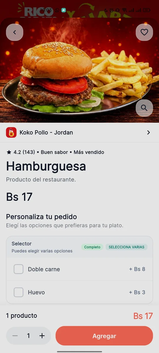 Pantalla de producto con personalización y botón para agregar